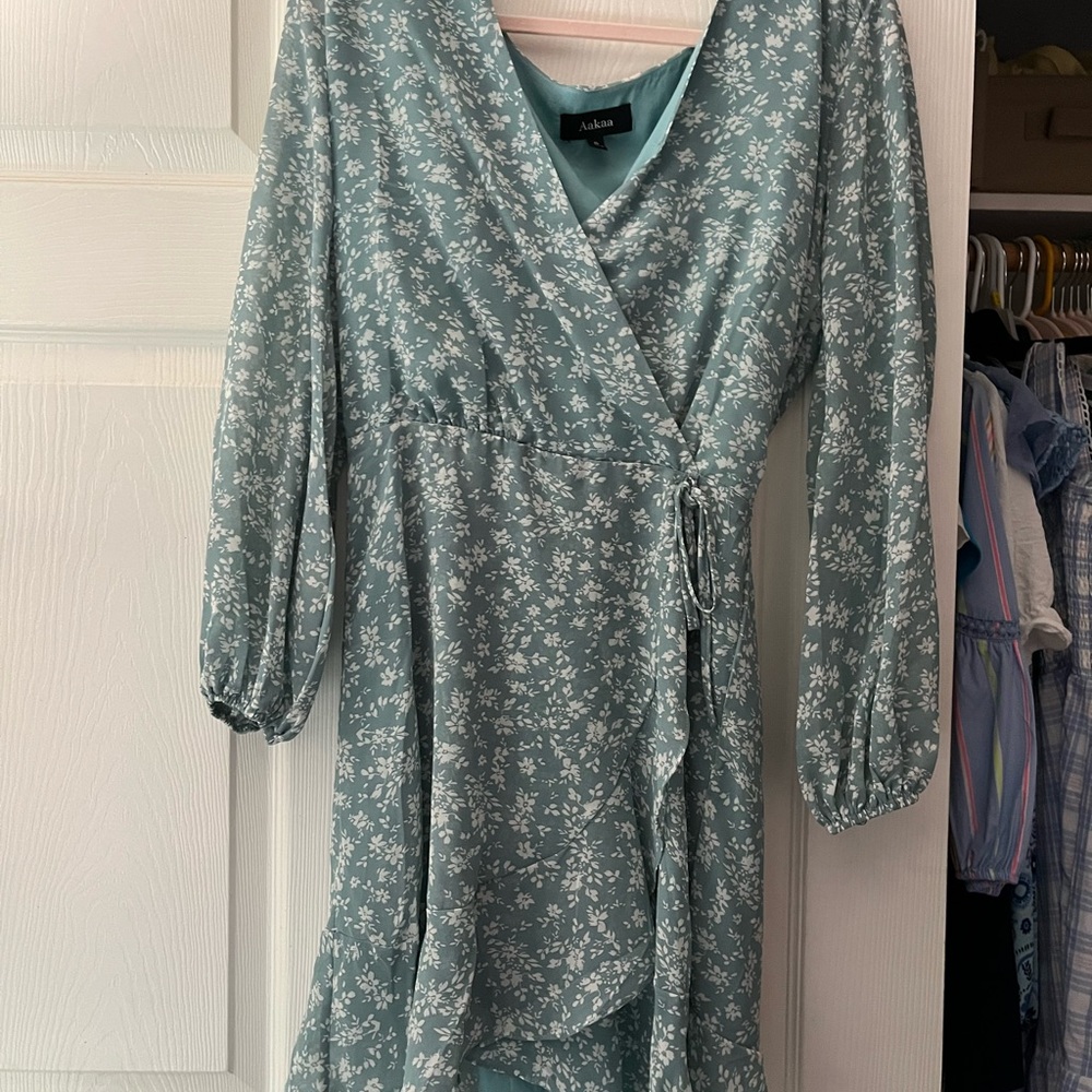 Aakaa Green Bishop Sleeve Wrap Mini Dress